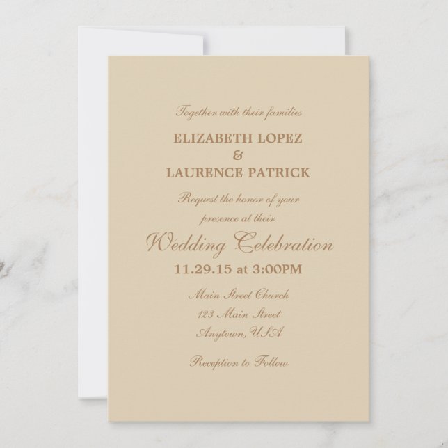 Tan Beige Brown Plain Simple Wedding Invitation (Front)
