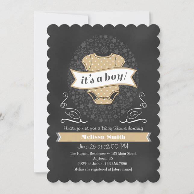 Tan Beige Chalkboard Boy Baby Shower Invite (Front)