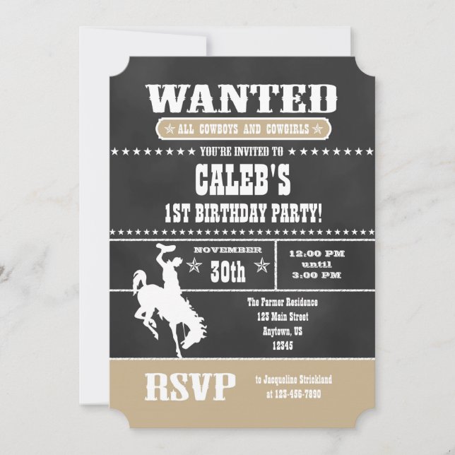 Tan Beige Chalkboard Cowboy Birthday Invitation (Front)