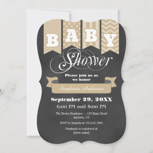 Tan Beige Chalkboard Flag Baby Shower Invite