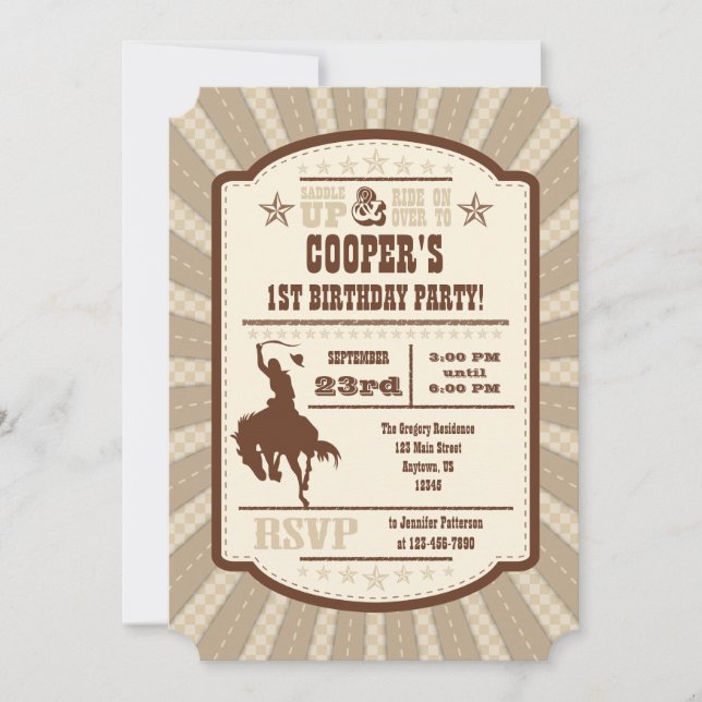 Tan Beige Cowboy Rodeo Birthday Party Invitation (Front)