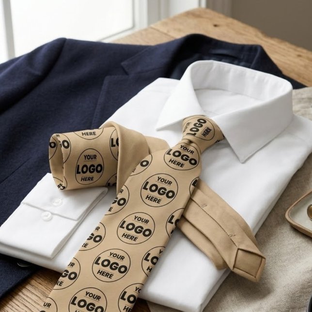Tan / Beige Custom Logo Repeat Pattern Professiona Neck Tie (Tan / Beige Custom Logo Repeat Pattern Professional Branded Tie)