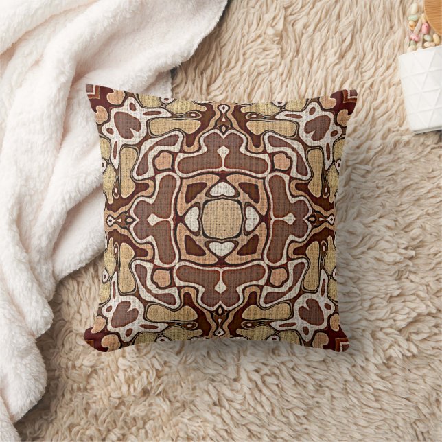 Tan Beige Dark Red Brown Bohemian Art Pattern Throw Pillow (Blanket)