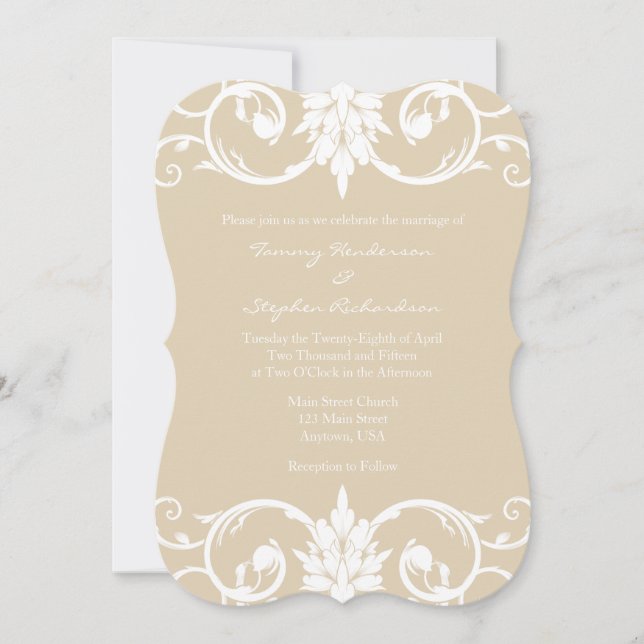 Tan Beige Floral Swirls Bracket Wedding Invitation (Front)