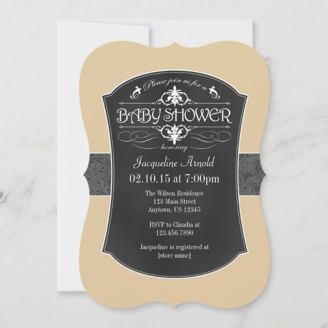 Tan Beige Gray Chalkboard Baby Shower Invitation (Front)
