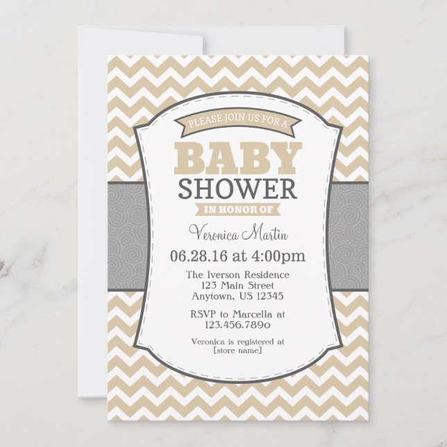 Tan Beige Gray Chevron Baby Shower Invitation (Front)