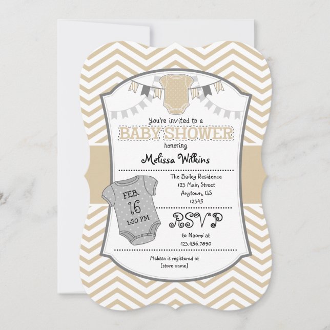 Tan Beige Gray Chevron Baby Shower Invitation (Front)