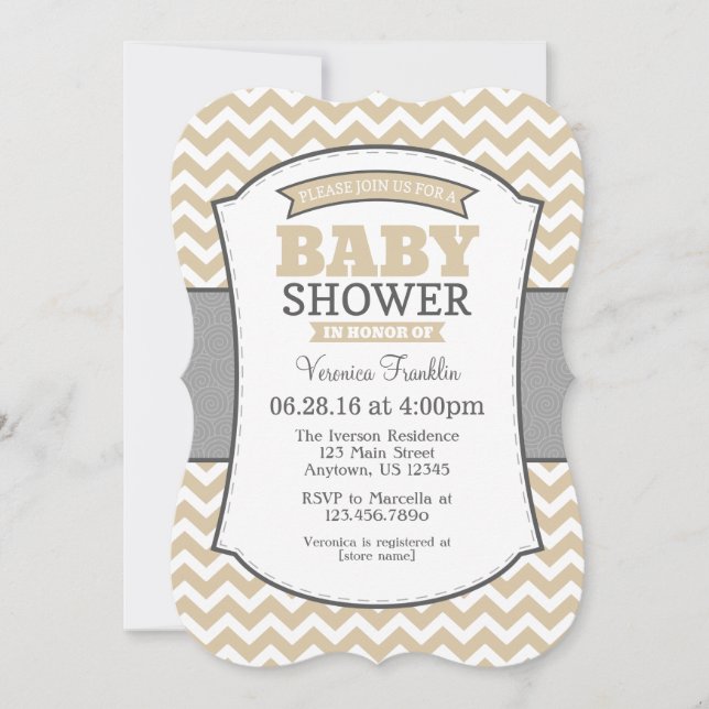 Tan Beige Gray Chevron Baby Shower Invitation (Front)