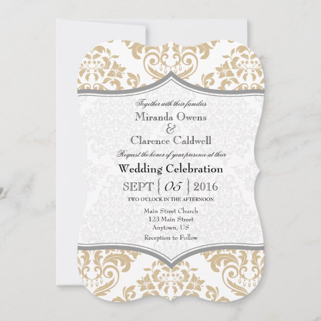 Tan Beige Gray Damask Bracket Wedding Invite (Front)