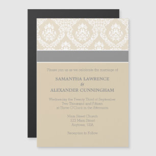 Tan Beige Gray Damask Magnetic Wedding Invitation