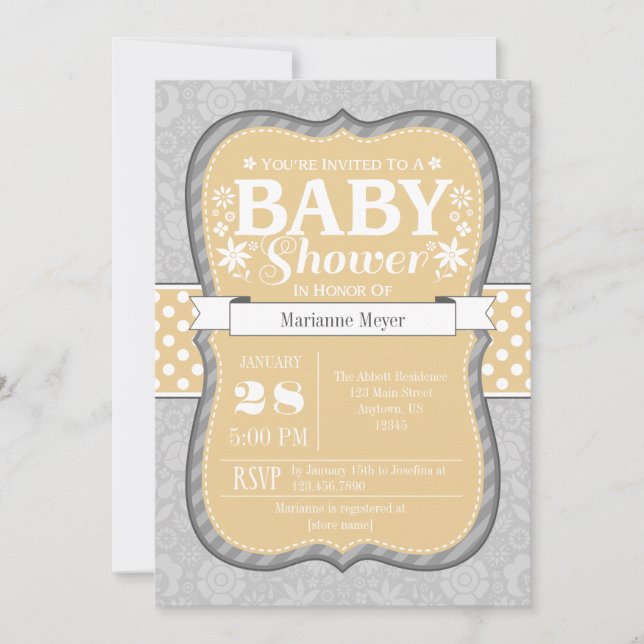 Tan Beige Gray Floral Flower Baby Shower Invite (Front)