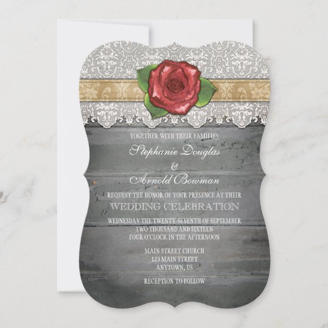Tan Beige Gray Rustic Wood Rose Wedding Invite (Front)