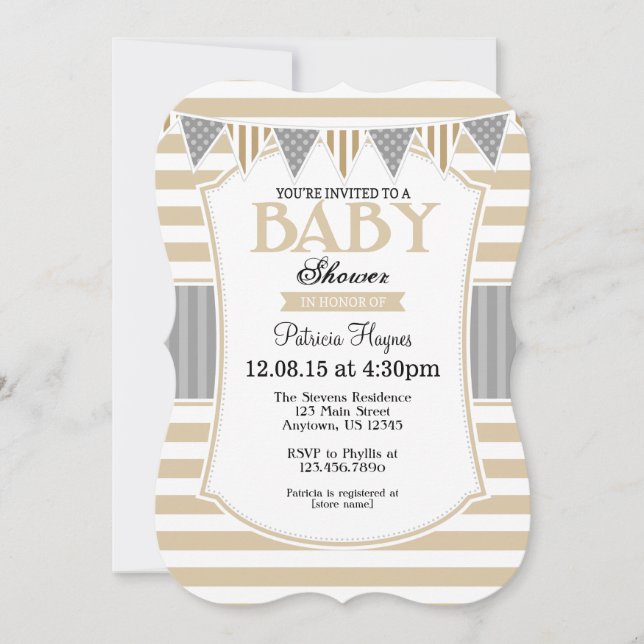 Tan Beige Gray Stripes Baby Shower Invitation (Front)
