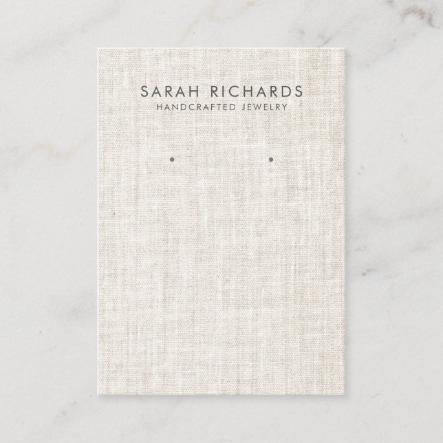 Tan Beige Linen Print Elegant Earring Display Business Card (Front)