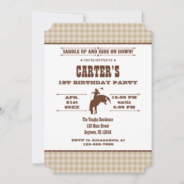 Tan Beige Plaid Cowboy Rodeo Birthday Invitation (Front)