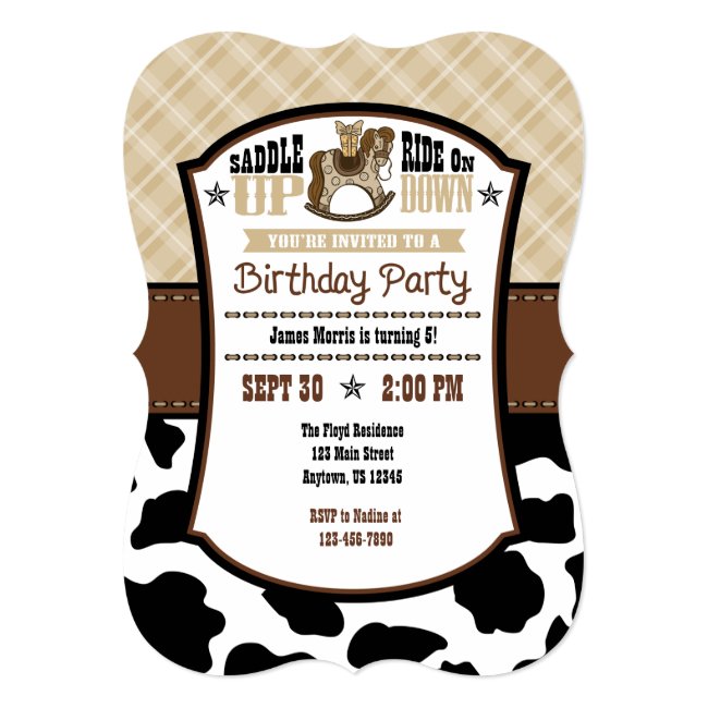 Tan Beige Plaid Cowhide Cowboy Birthday Invite