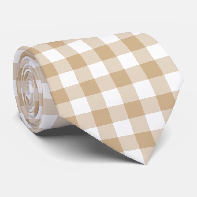 Tan Beige Plaid Gingham Neck Tie (Rolled)