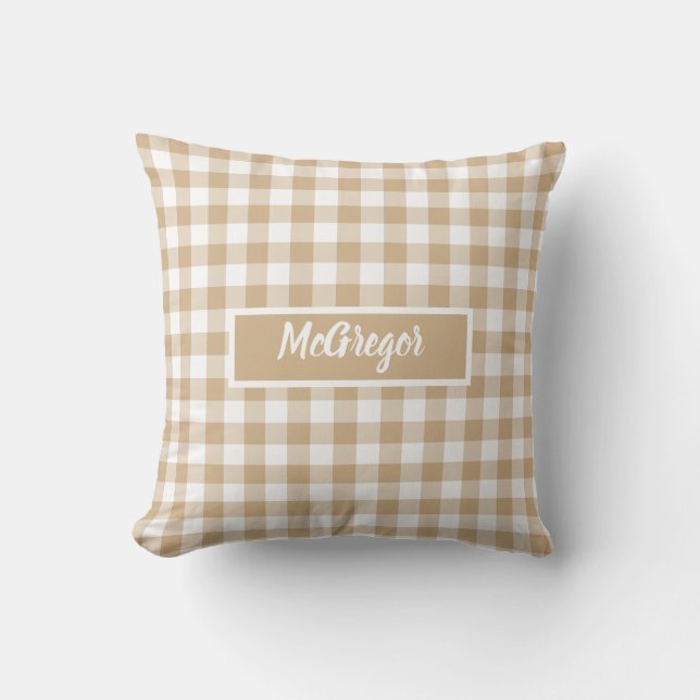 Tan Beige Plaid Gingham Personalized Throw Pillow (Front)