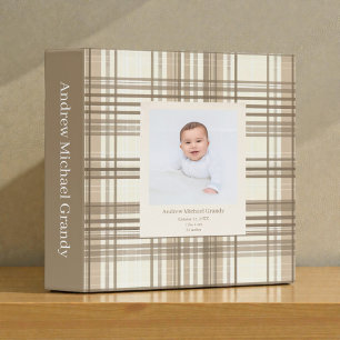 Tan Beige Plaid Watercolor Custom Baby Photos Min 3 Ring Binder
