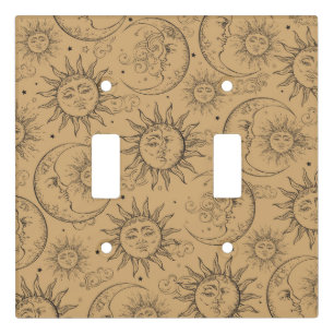 Tan Beige Vintage Celestial Sun Moon Stars Light Switch Cover