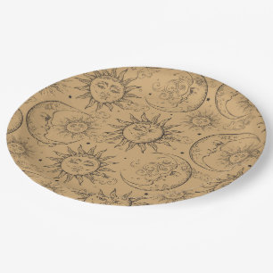 Tan Beige Vintage Celestial Sun Moon Stars Party Paper Plates