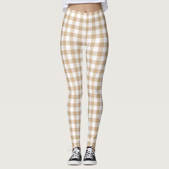 Tan Beige White Gingham Plaid Leggings (Front)
