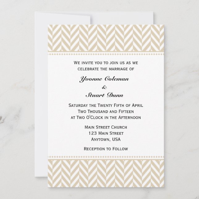 Tan Beige White Herringbone Wedding Invitation (Front)