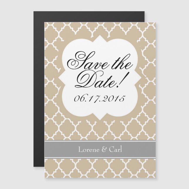 Tan Beige White Quatrefoil Save The Date Magnet (Front/Back)