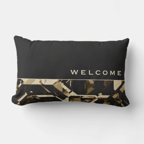 Tan Black  Beige Abstract Geometric  Welcome Lumbar Pillow