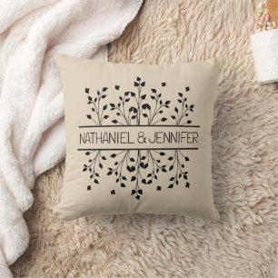 Tan & Black Floral Frame Monogram Wedding Throw Pillow
