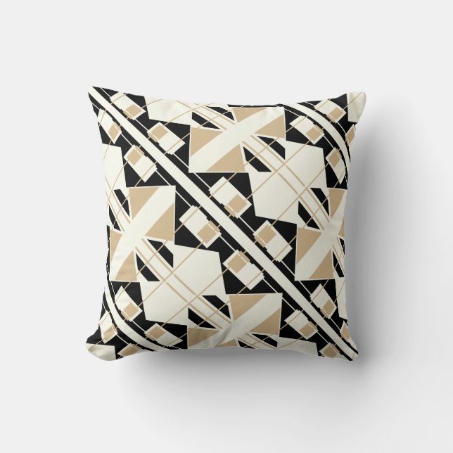 Tan Black Off-White Diagonal Tile Abstract Design Throw Pillow (Front)