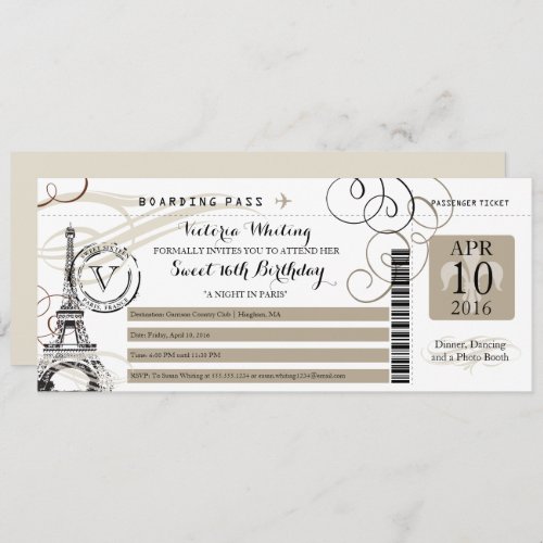 Tan Black Paris Eiffel Tower  Sweet 16 Birthday Invitation