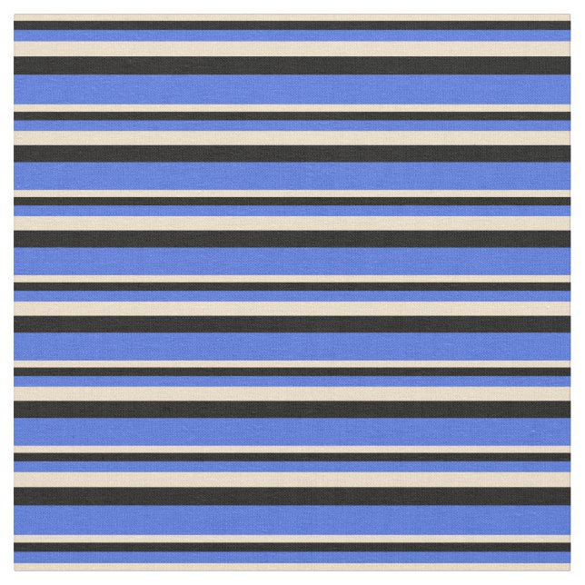 Tan, Black & Royal Blue Striped/Lined Pattern Fabric (Close Up)