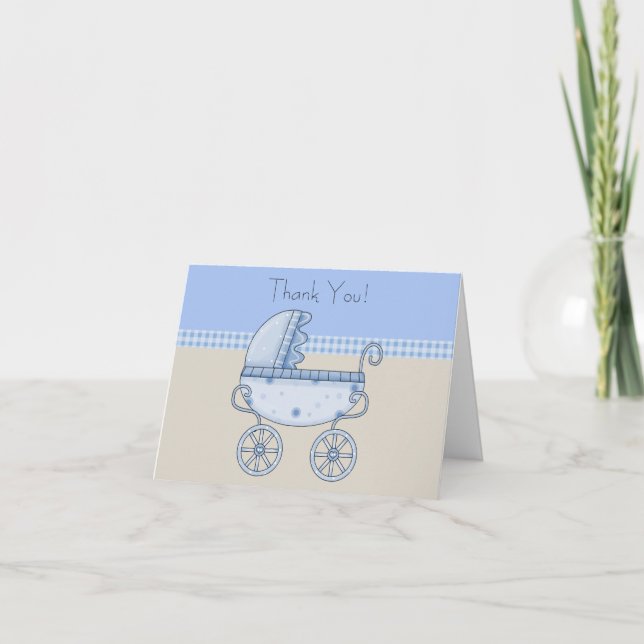 Tan Blue Carriage Baby Boy Thank You Cards (Front)