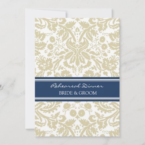 Tan Blue Damask Rehearsal Dinner Party Custom Invite