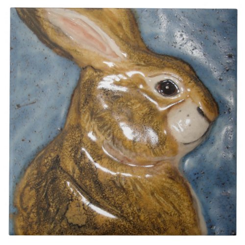 Tan Blue Rabbit Animal Nature Sculpted Look Decor Ceramic Tile