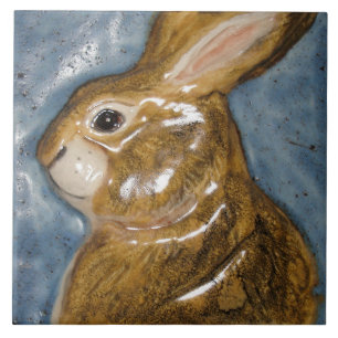 Tan Blue Rabbit Animal Nature Sculpted Look Decor Ceramic Tile