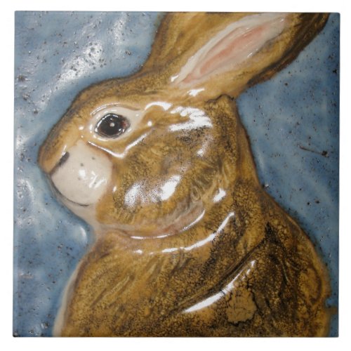 Tan Blue Rabbit Animal Nature Sculpted Look Decor Ceramic Tile