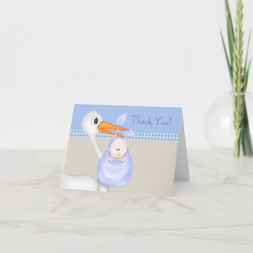 Tan Blue Stork Baby Boy Thank You Cards