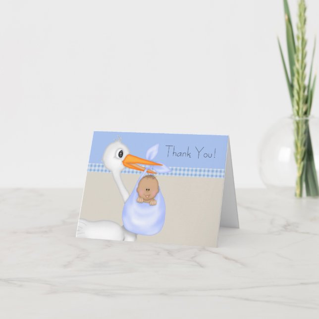 Tan Blue Stork Baby Boy Thank You Cards (Front)