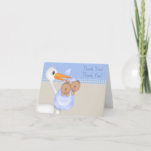 Tan Blue Stork Twin Baby Boy Thank You Cards