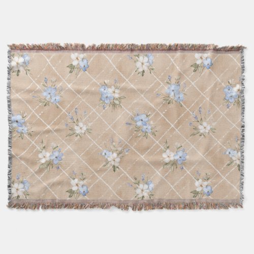 Tan Blue White Flowers Throw Blanket