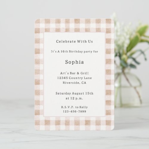 Tan Blush Cream Plaid Stripes Birthday Invitation