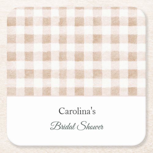 Tan Blush Cream Plaid Stripes Bridal Shower Square Paper Coaster