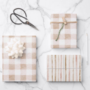 Tan Blush Cream Plaid Stripes Bridal Shower Wrapping Paper Sheets