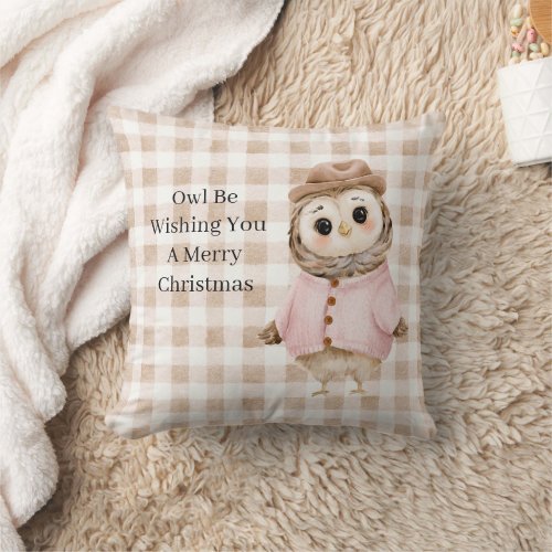 Tan Blush Cream Plaid Stripes Owl Christmas Throw Pillow