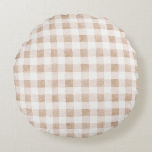 Tan Blush Cream Plaid Stripes Round Pillow