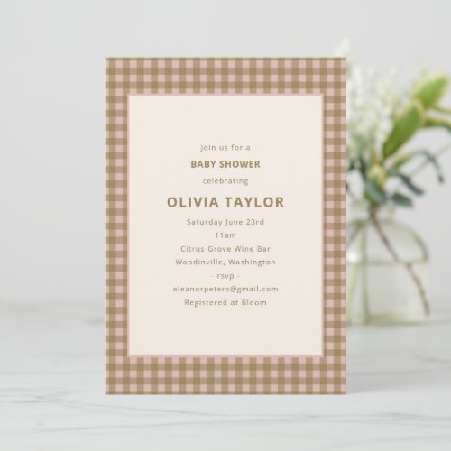 Tan Blush Pink Gingham Earthy Baby Shower Party Invitation