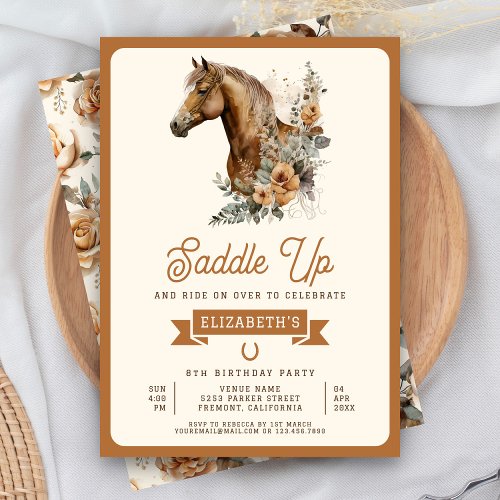 Tan Boho Floral Horse Cowgirl Birthday Party Invitation