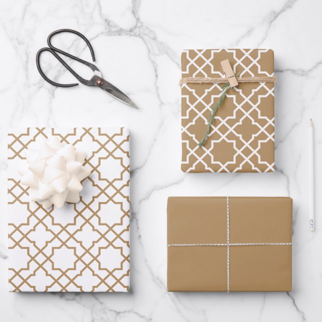 Tan Brown Arabesque Pattern Gift Wrapping Paper (Front)